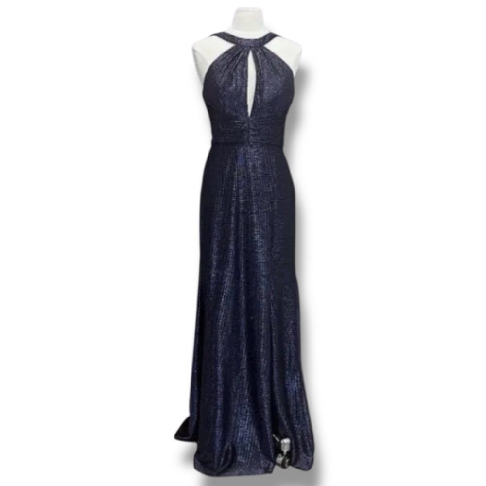 Hayley Paige Navy Blue Liquid Metallic Halter Prom Bridesmaid Dress Size 10